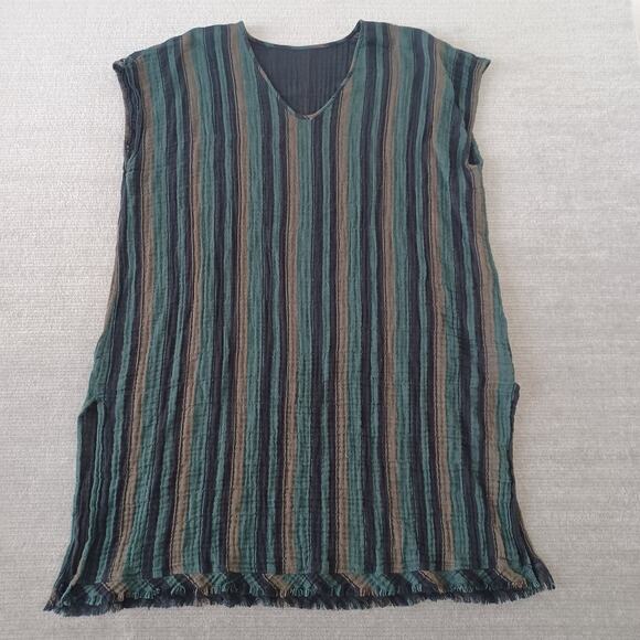 Eileen Fisher Dress Women M Green Striped Gauzy Casual Minimalist V Neck Coastal - Picture 3 of 9